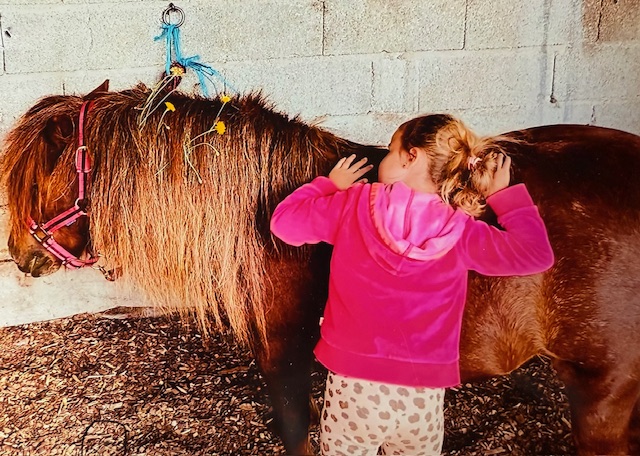Moment de tendresse entre une enfant et son poney.